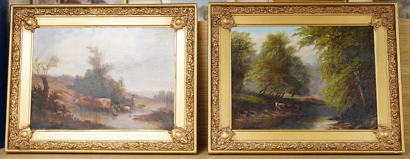 Early 20th century, English School, Riverscapes with cattle watering, one indistinctly signed, pair of oils on canvas board, 27 x 37cm, ornate gilt frames